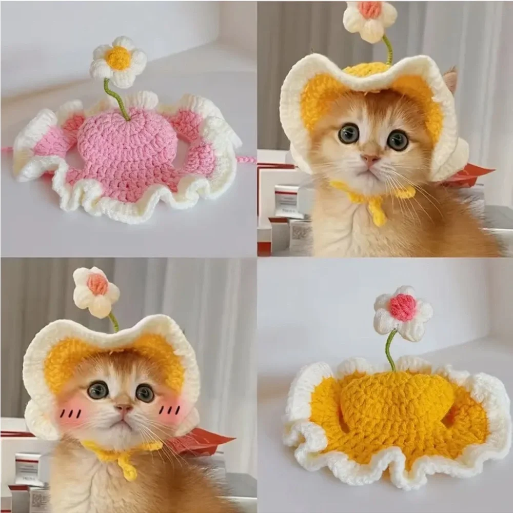 Cat or Dog Crochet Ruffle Sun Hat with Flower - Yellow and White